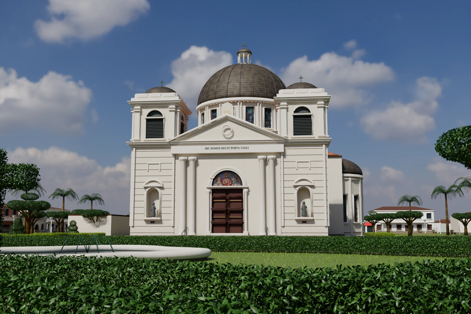 Garden-level Cycles render with grass, hedges and detailed palm fronds