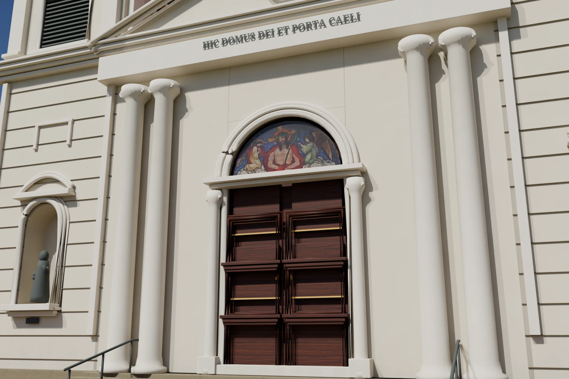 Rendered entrance showing columns, recessed statues and the mosaic